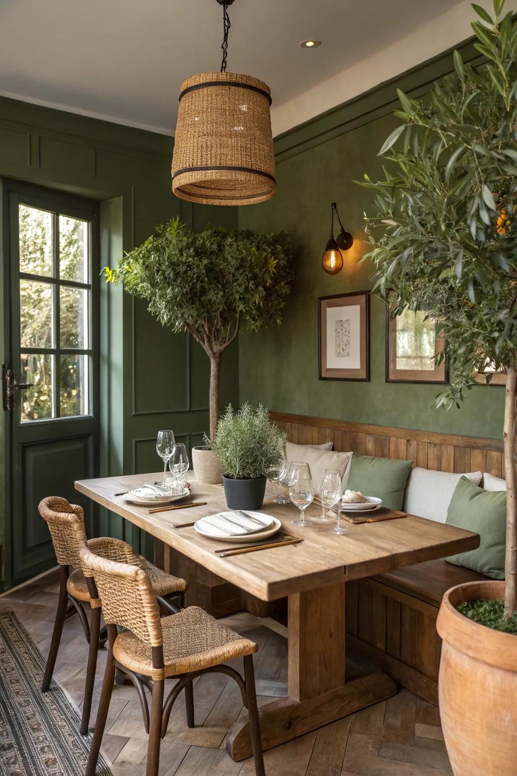 Olive green walls offer a warm, organic vibe.