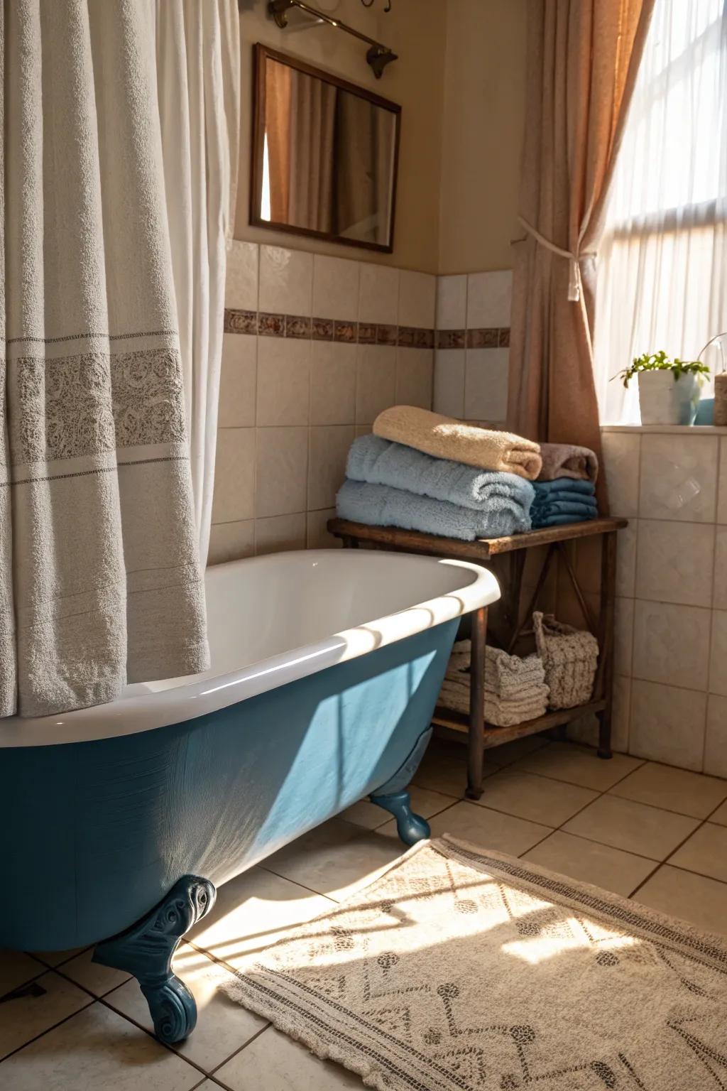 Textiles add a touch of softness and luxury around the blue bathtub.