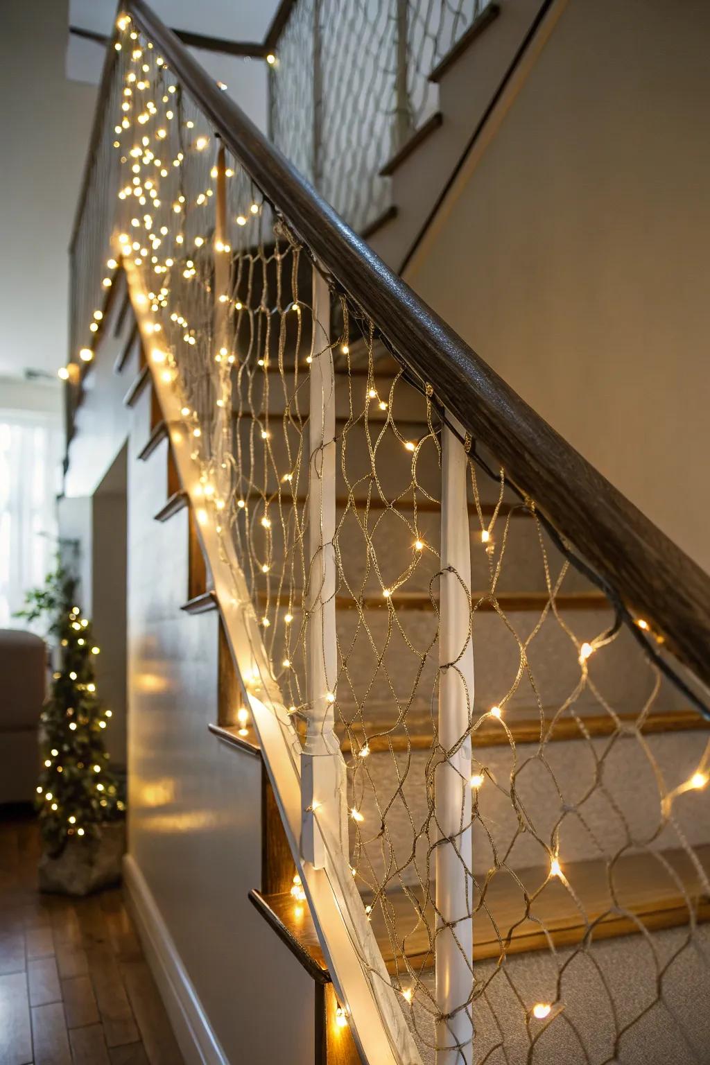 Add festive charm to your staircase with net lights.