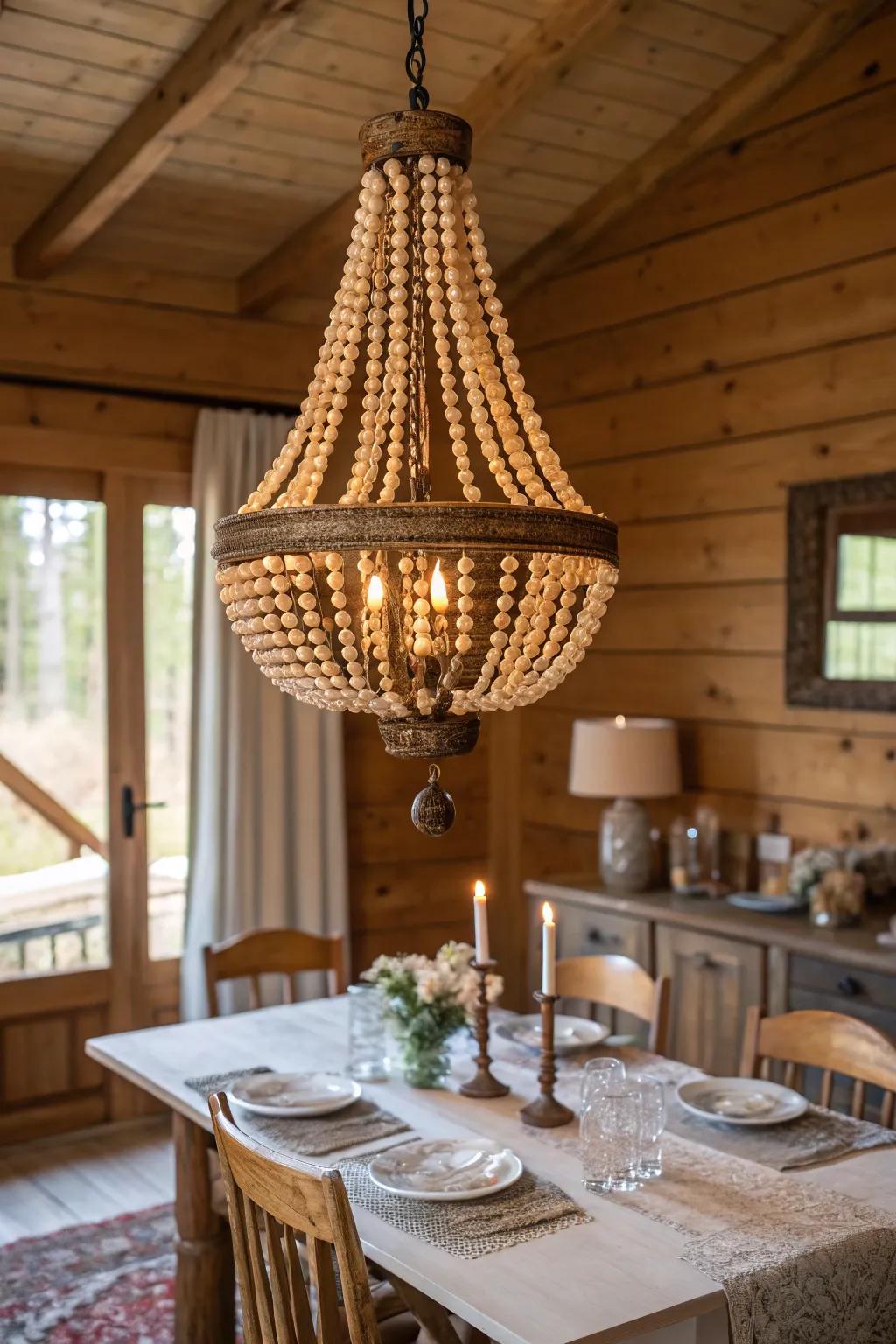 A stunning wooden bead chandelier.