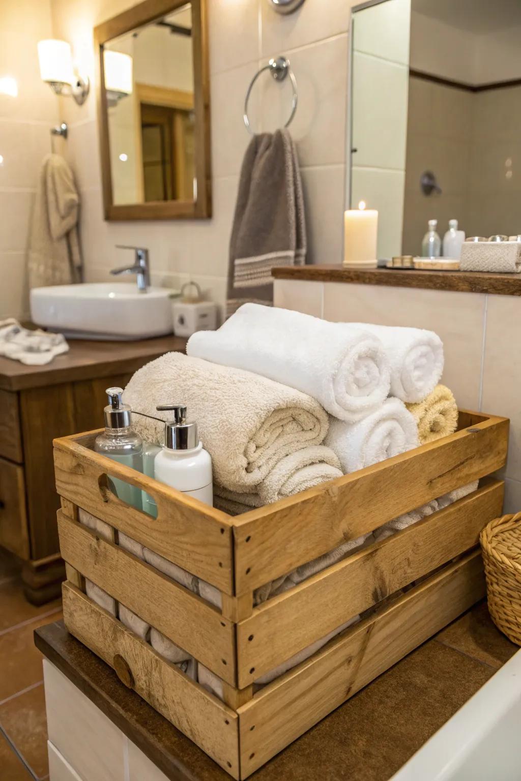 A wooden crate towel storage adds rustic elegance to the bathroom.