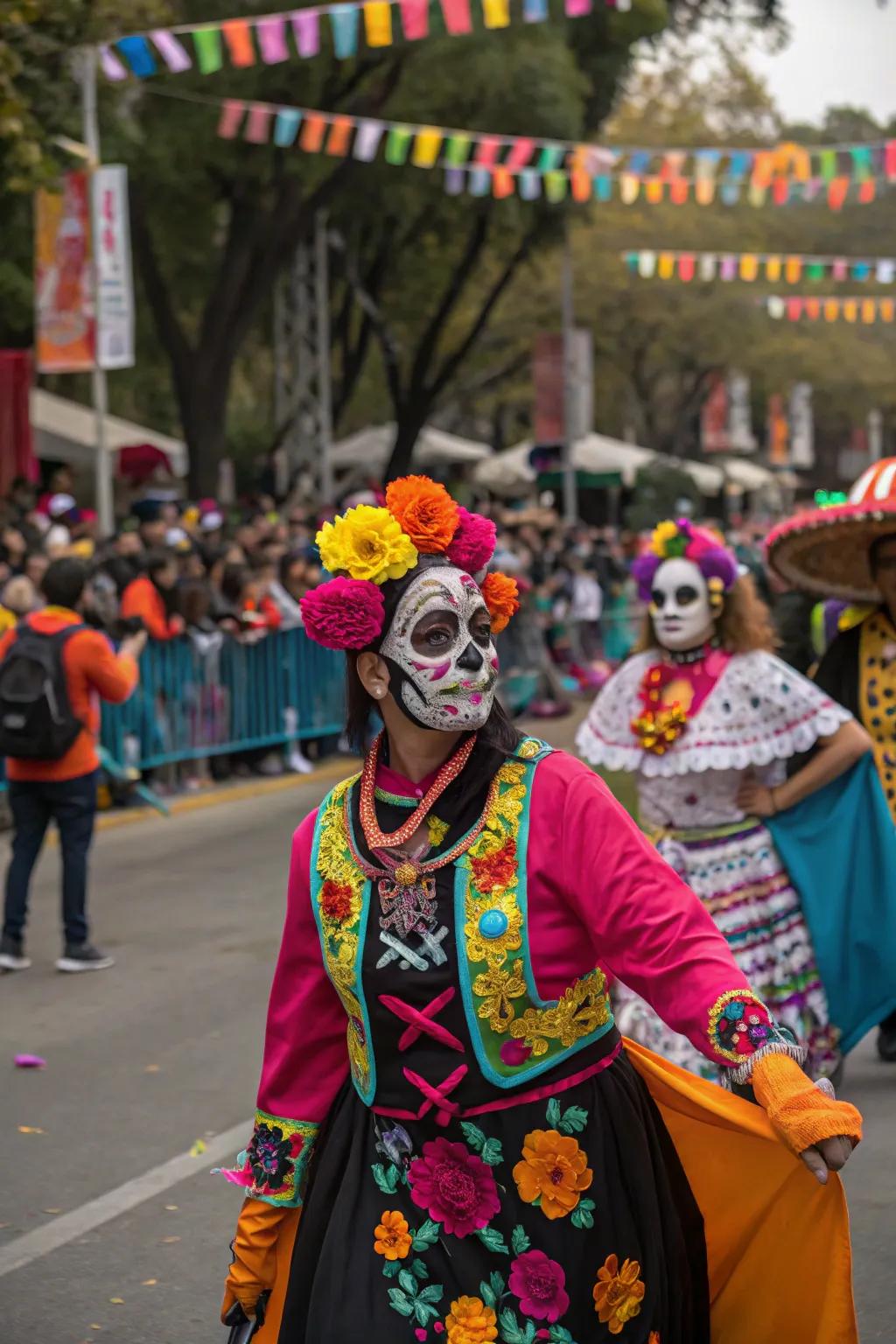 A bustling parade filled with music, dance, and colorful costumes.