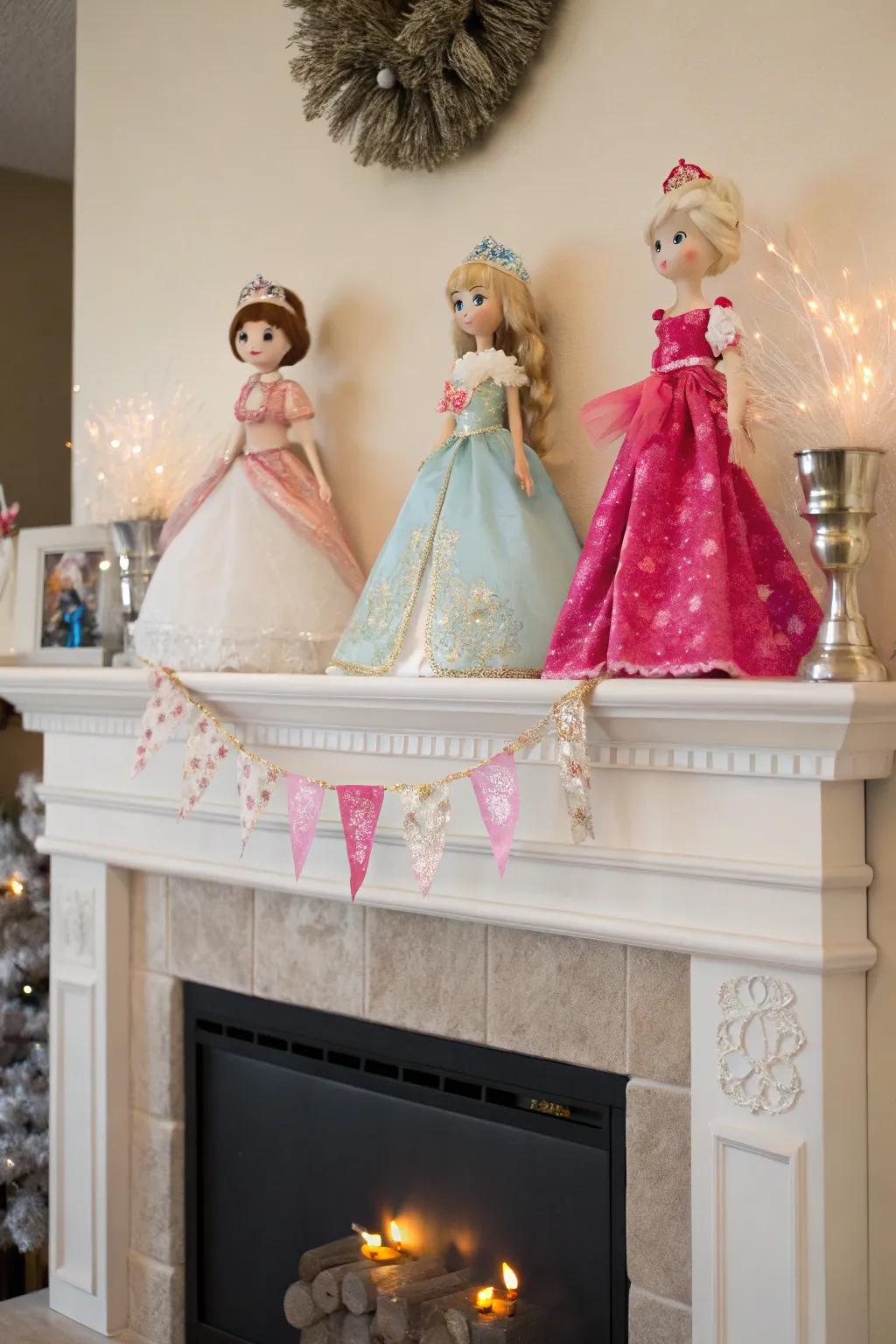 A mantel serving as an elegant stage for a doll display.