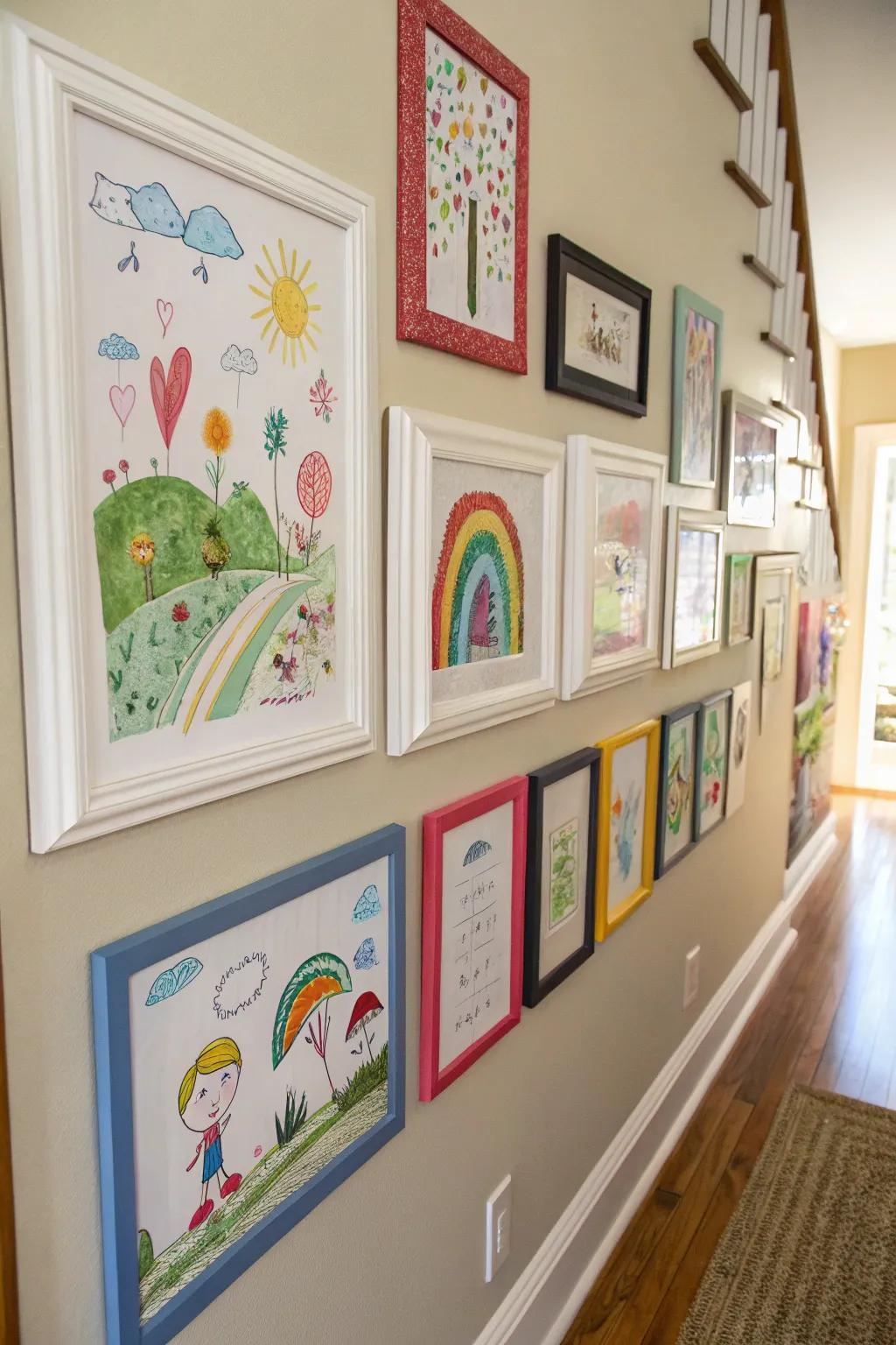 Flexible peel and stick frames showcasing children's art.