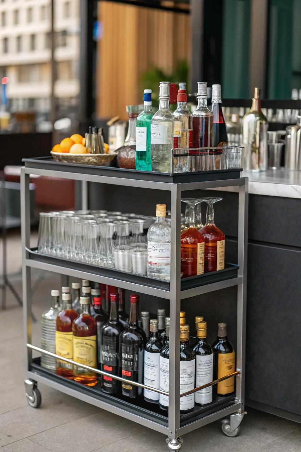 A mini-bar cart provides a portable and stylish liquor solution.