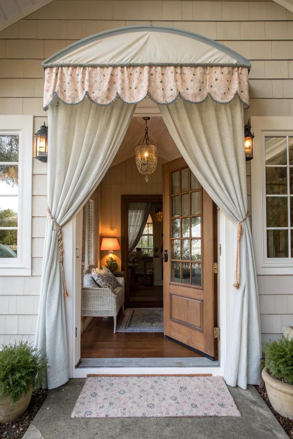 A fabric canopy adds warmth and protection to a home entrance.