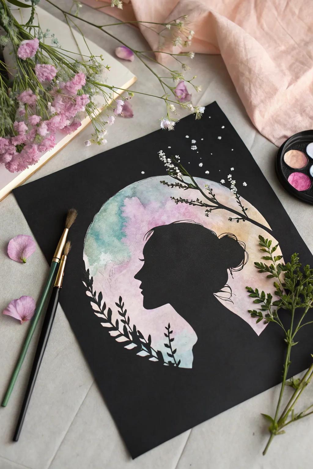 Watercolor accents add a dreamy quality to silhouette designs.