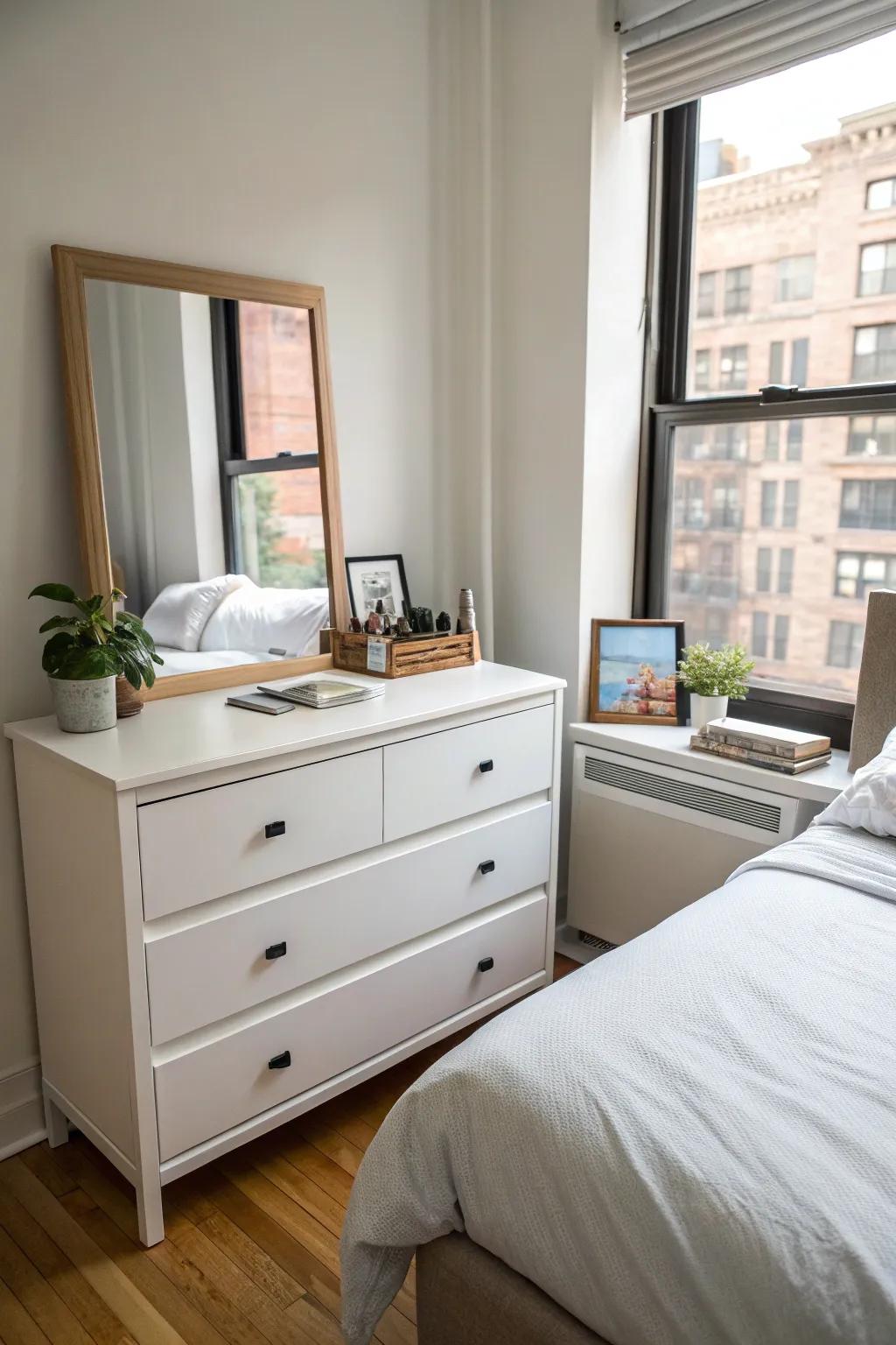 A compact dresser maximizes storage in small spaces without feeling cramped.