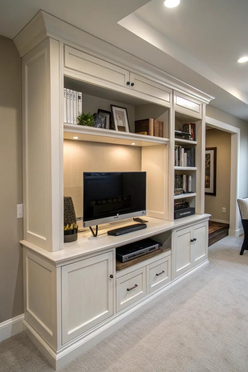 A hidden desk adds functionality without compromising style.