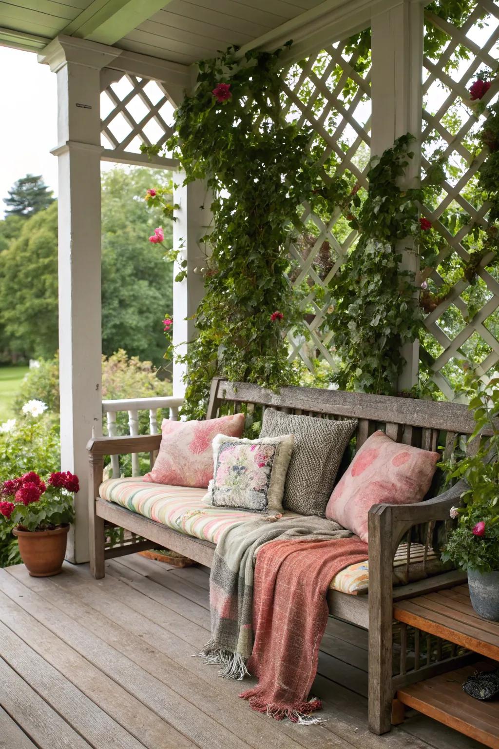 Relax in style with a rustic wooden bench.