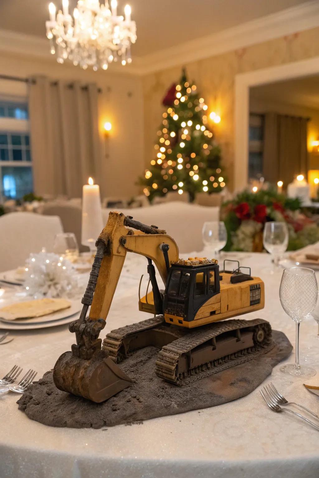 An artistic table centerpiece crafted from excavator clay, enhancing a festive dining room setting.