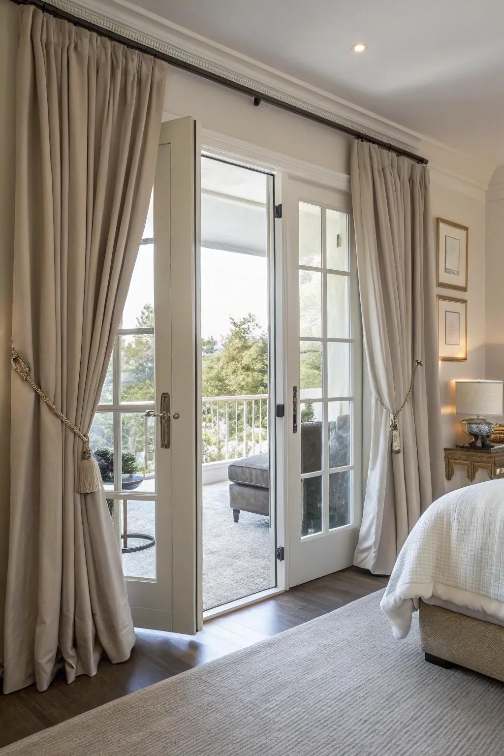 Gorgeous greige curtains subtly complementing the bedroom decor.