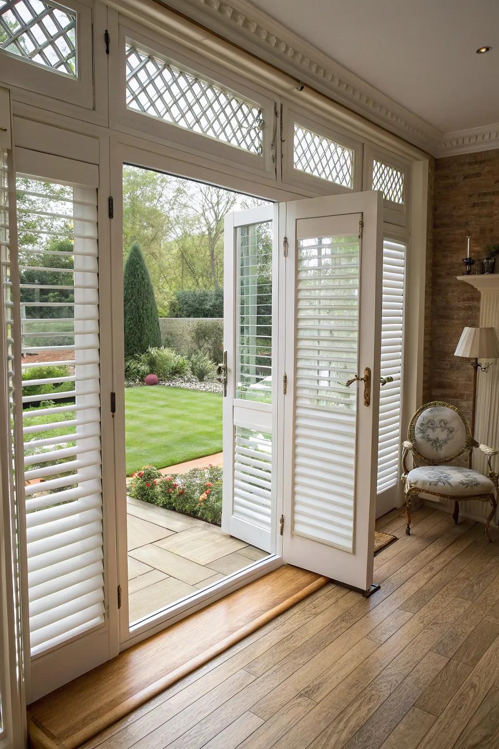 Versatile Venetian blinds providing excellent light control on French doors.