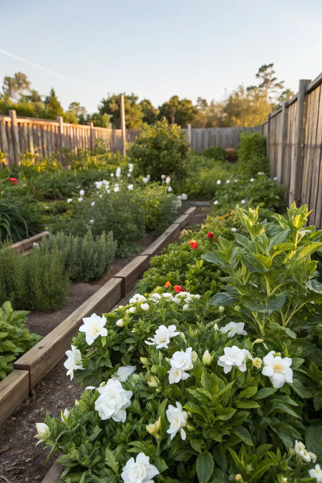 Blend gardenias with edibles for a fragrant and functional garden.