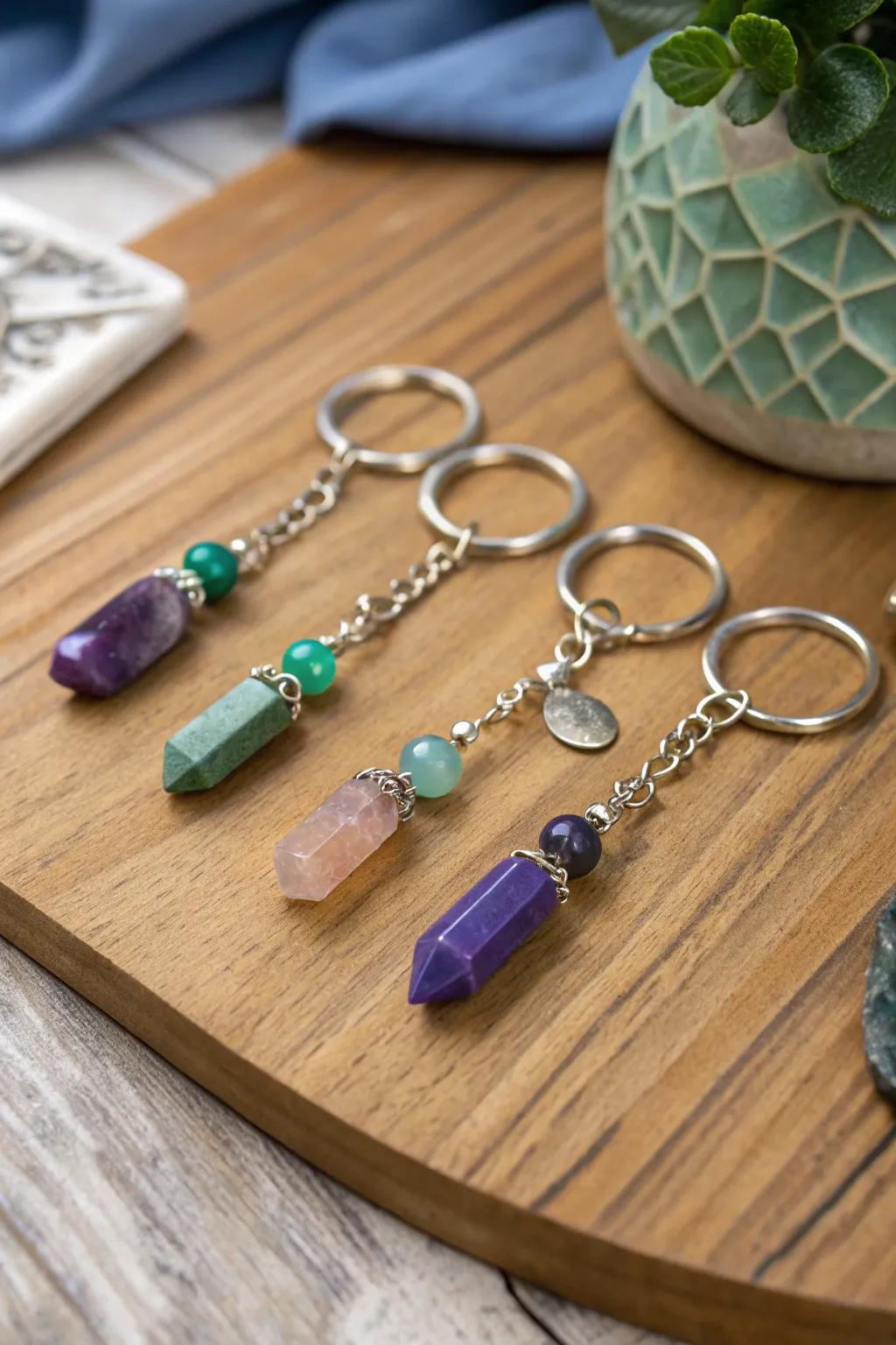 Stylish gemstone keychains ready to decorate your keys.