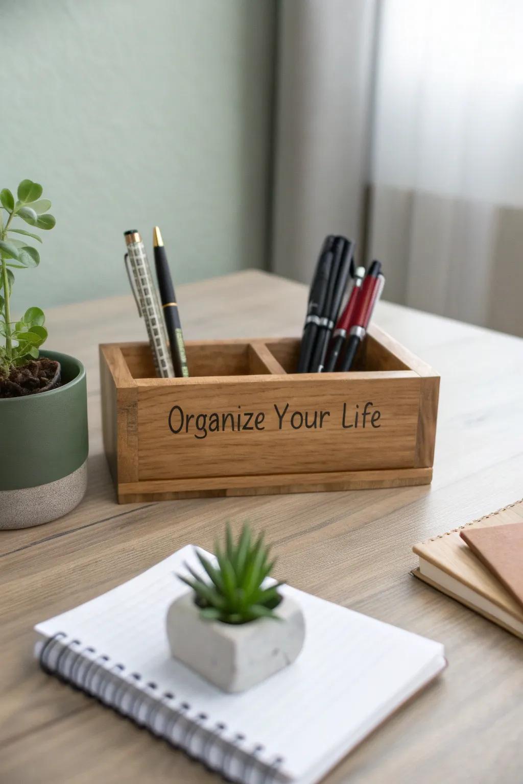 A personalized desk organizer for a clutter-free space.