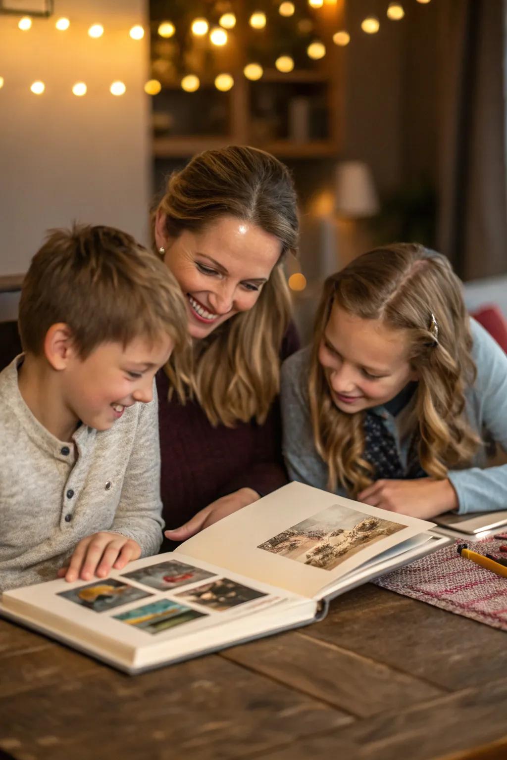 A family reliving precious moments through a photo album.