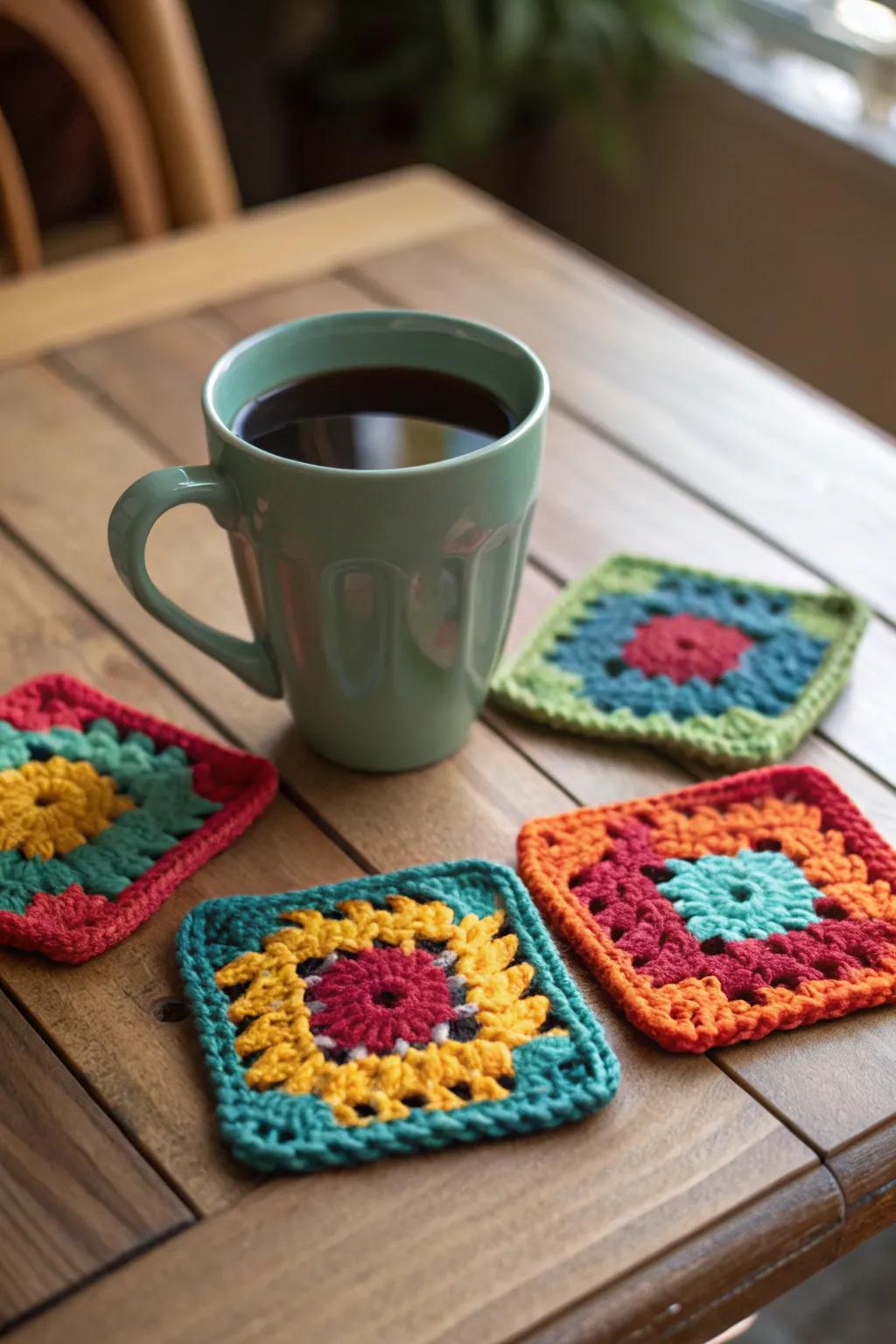 Charming coasters made from granny squares, perfect for adding a handmade touch to your table.