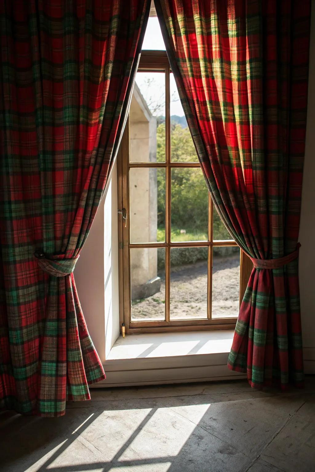 Cozy plaid curtains adding a rustic holiday vibe.