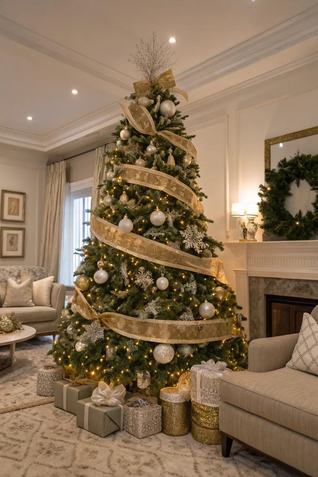 A beautifully layered ribbon Christmas tree that adds elegance and texture.