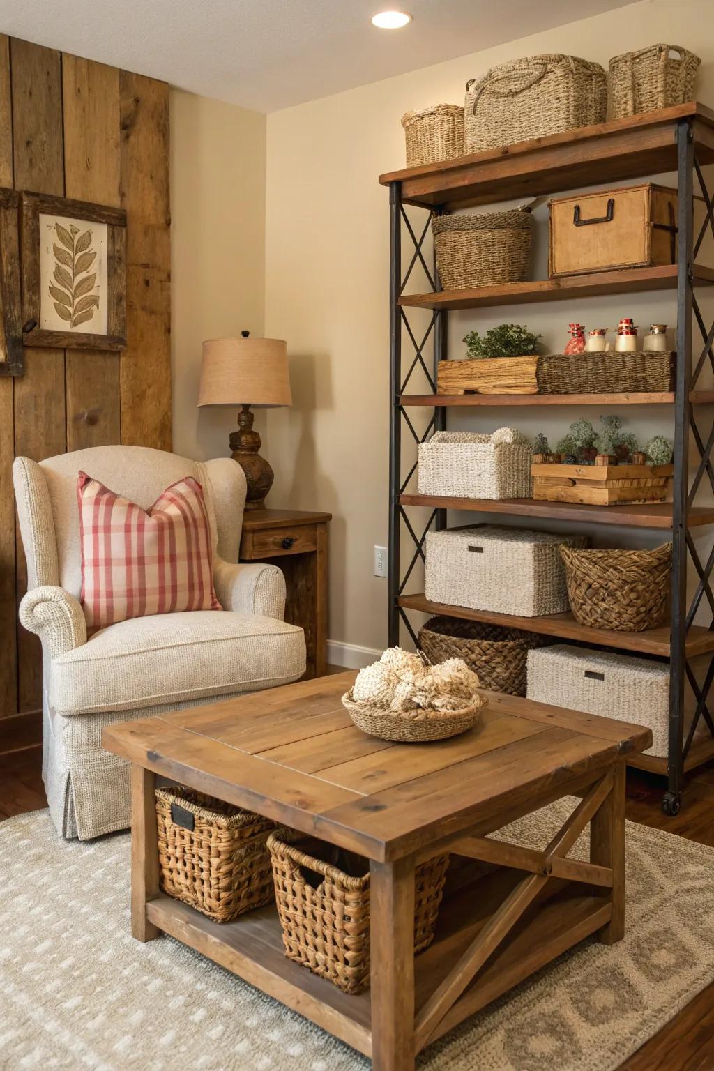 Rustic touches like wooden accents add a cozy feel to fall decor.