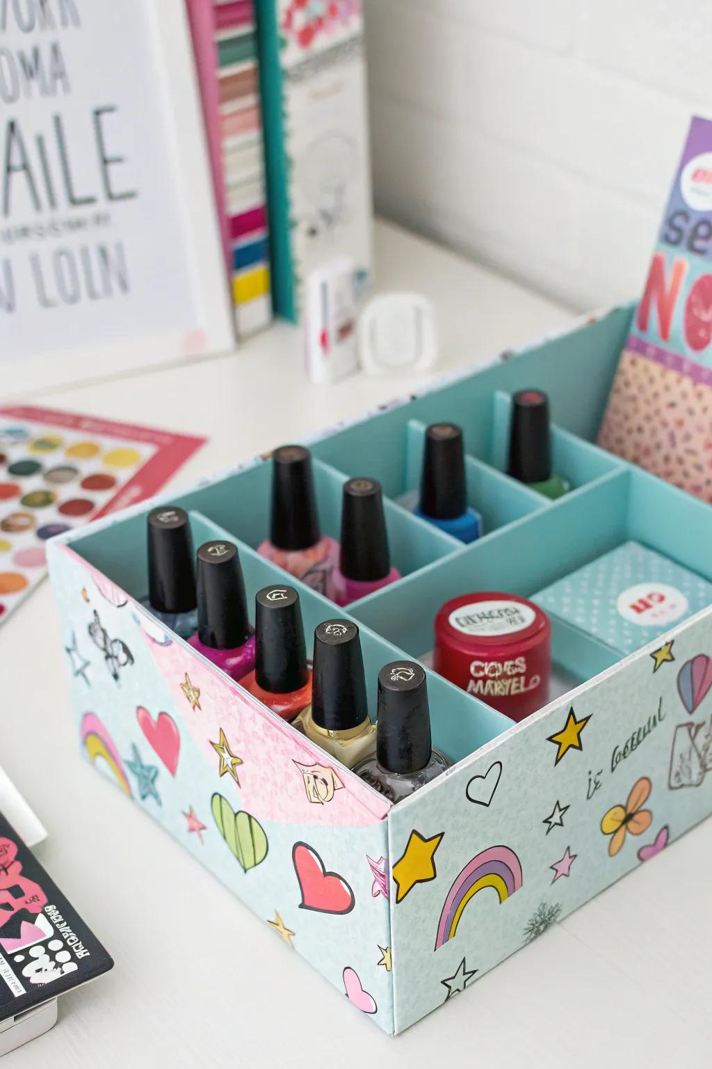 A recycled shoe box offers an eco-friendly storage solution for nail polish.