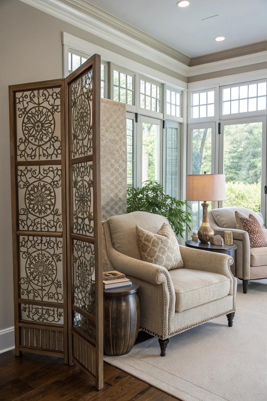 Decorative screens offer privacy and style in open interiors.