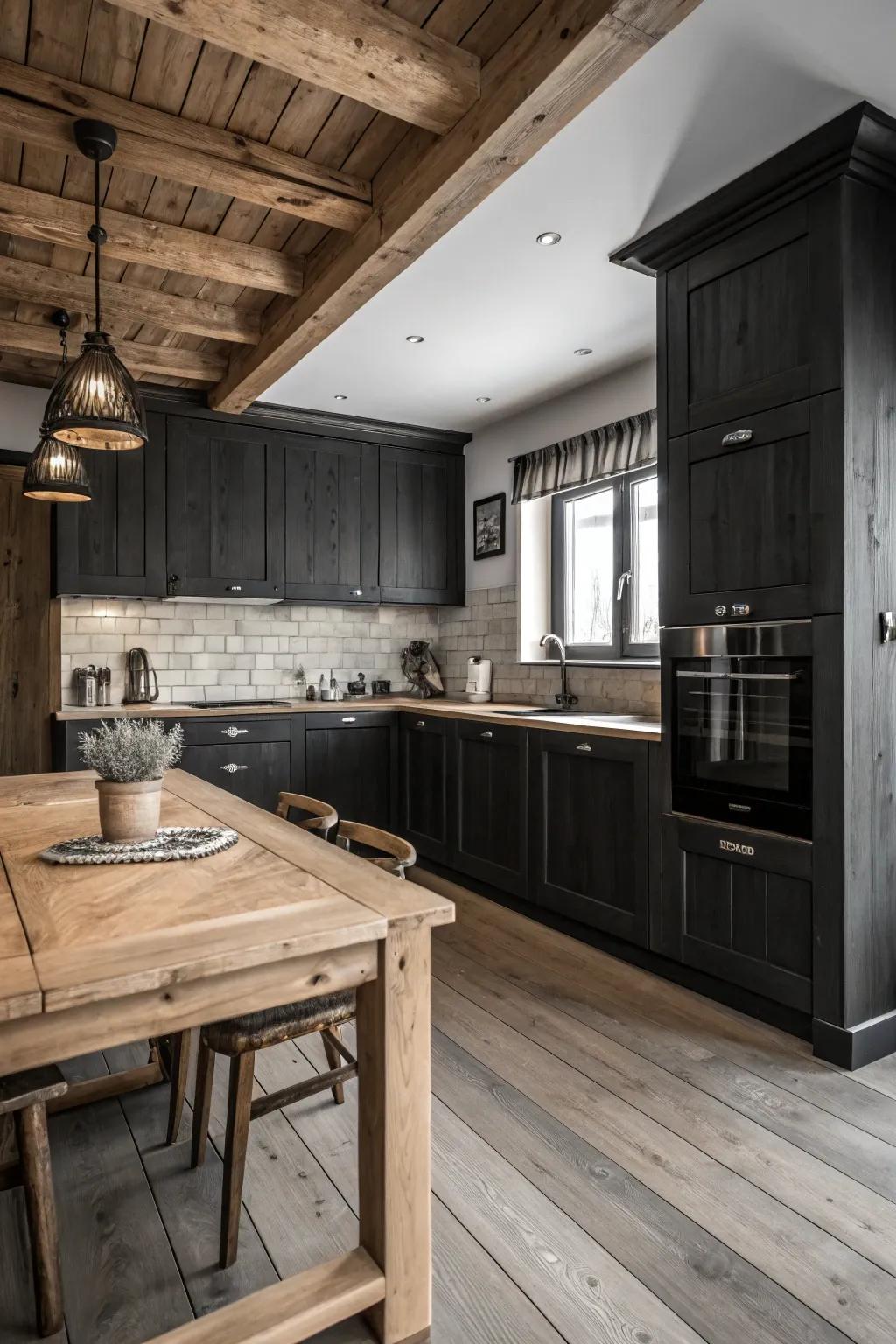 A timeless black and white kitchen with natural accents.