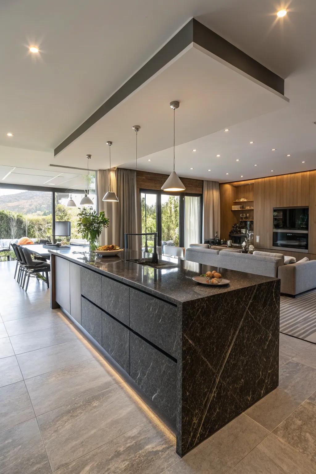 A modern family home with a kitchen peninsula featuring a large overhang.