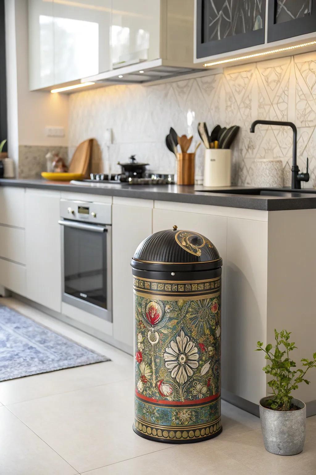 A decorative trash can that doubles as an art piece in the kitchen.