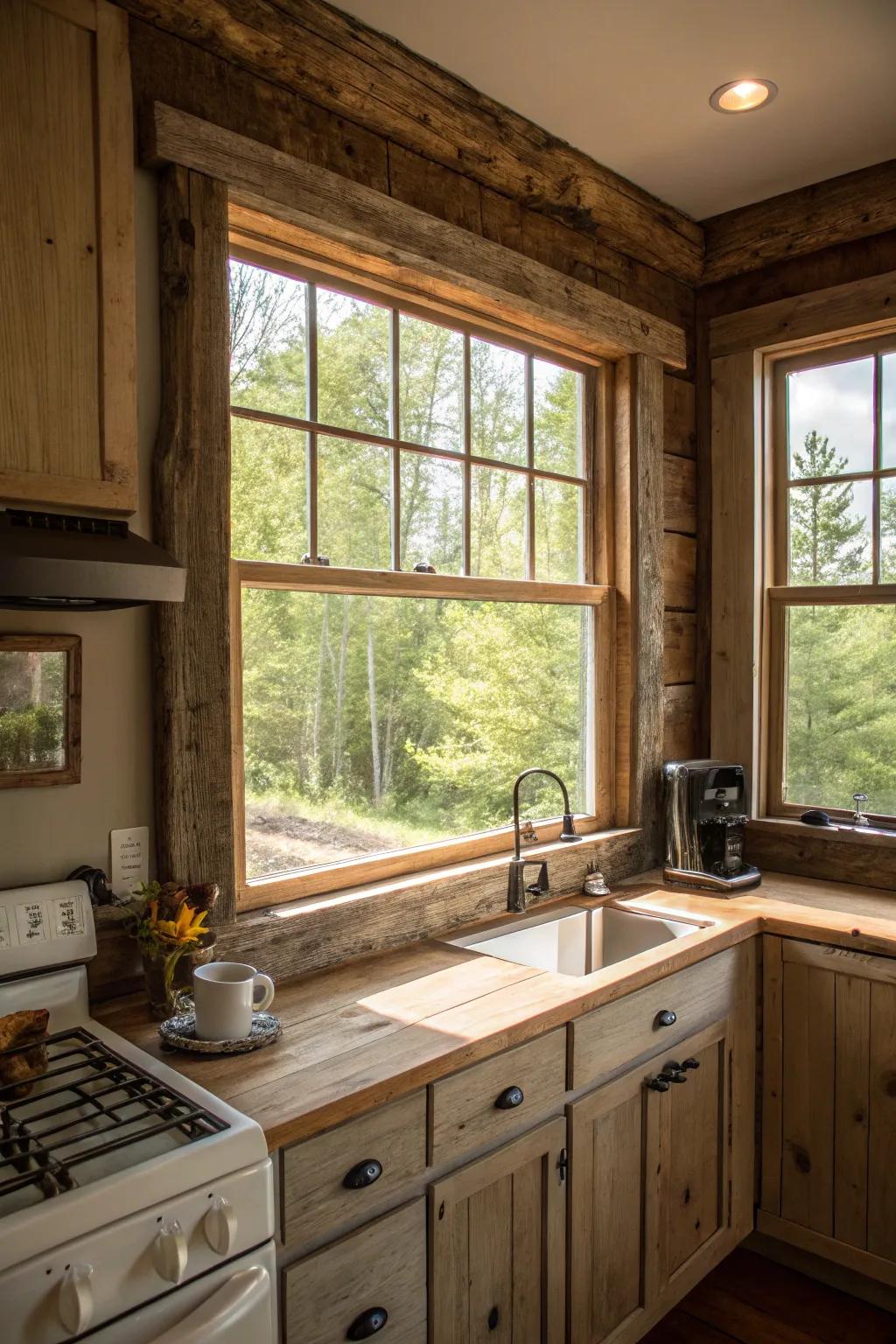 Reclaimed wood frames the window, adding rustic charm.