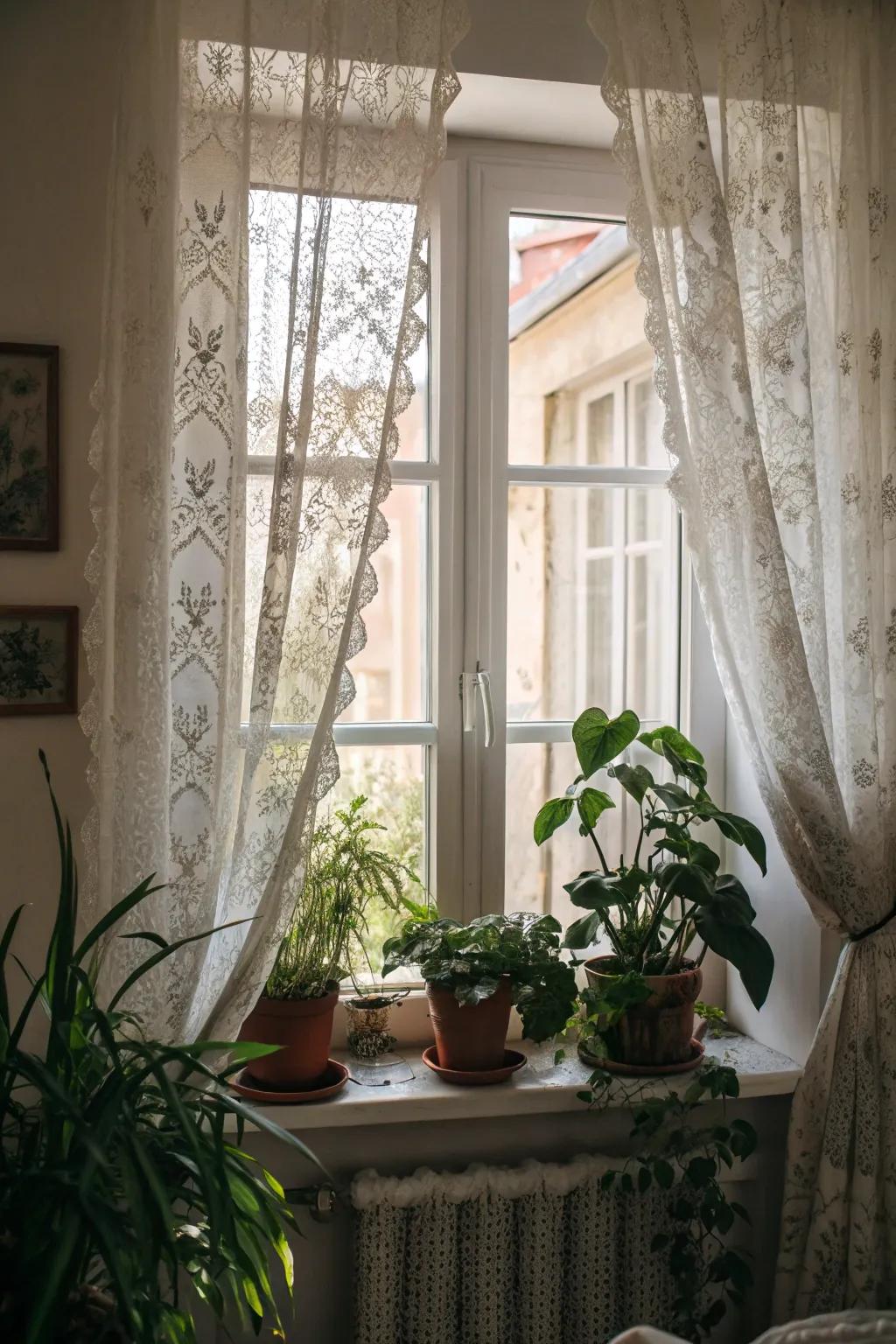 Lace curtains and greenery create a serene vibe.