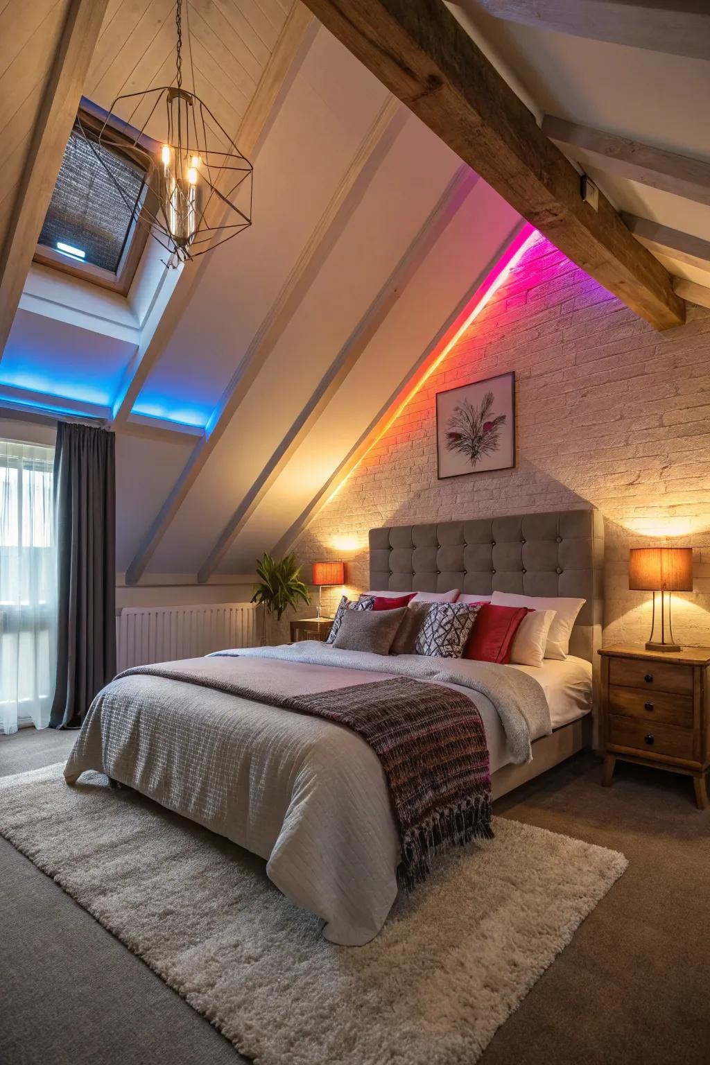 Different color temperatures create distinct moods in a vaulted ceiling bedroom.