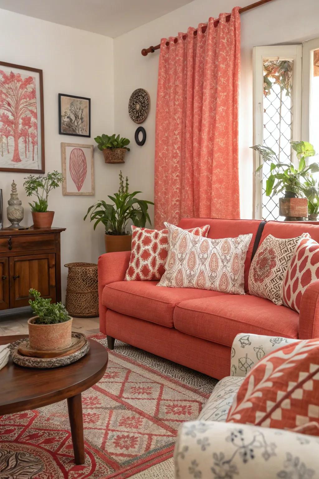 Vibrant coral adds a pop of energy to this lively living room.