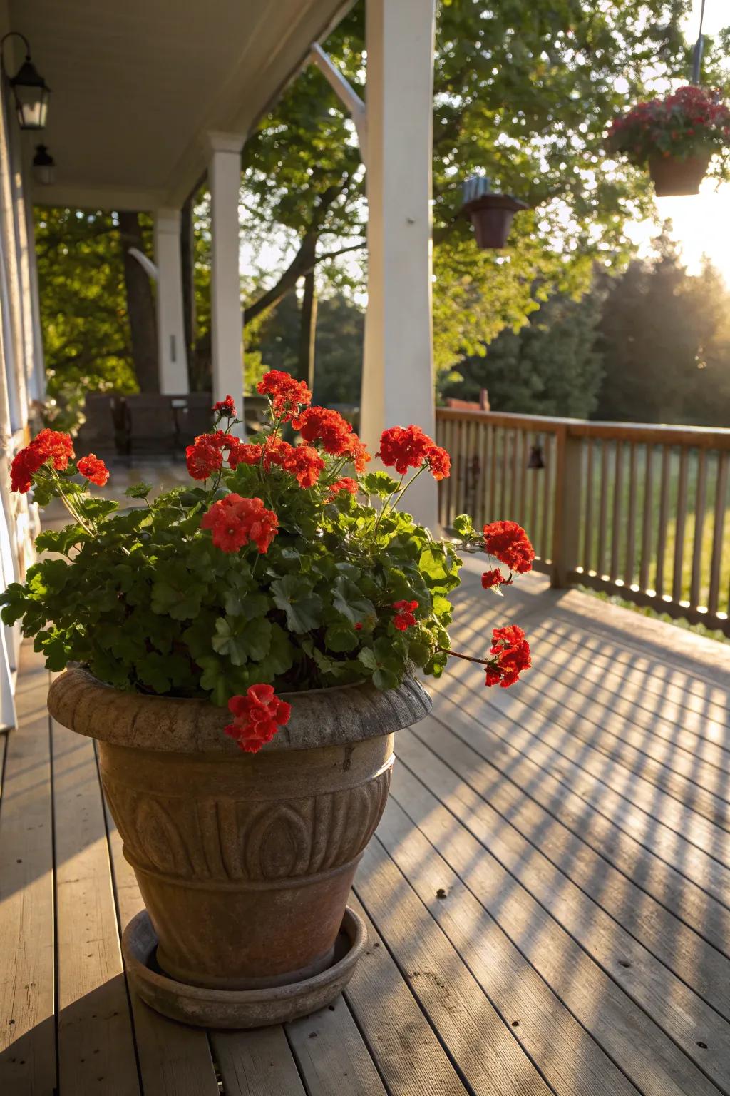 Geraniums are classic favorites for their bright blooms and resilience.