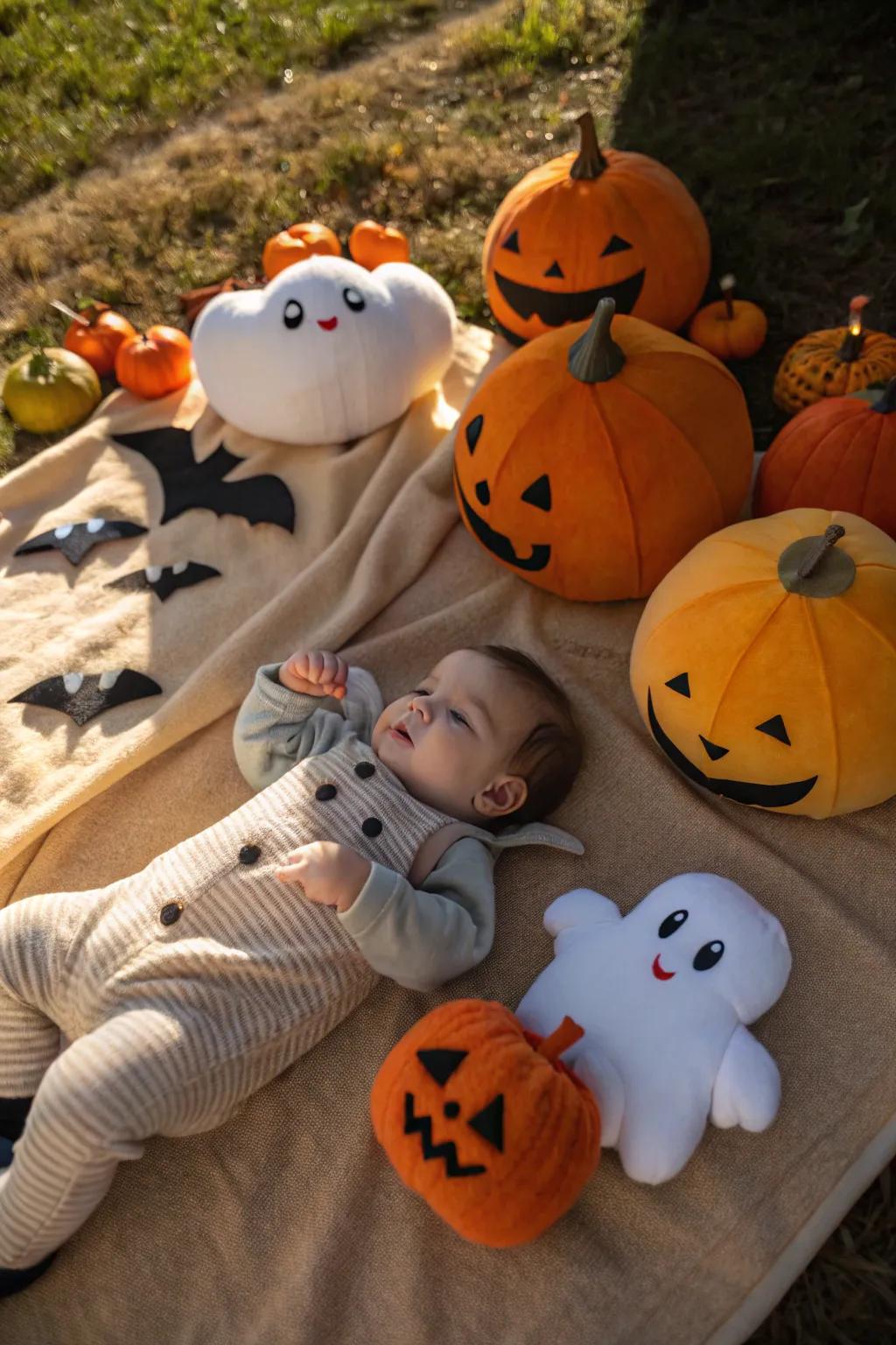 A cozy cuddle with Halloween-themed plush creatures.