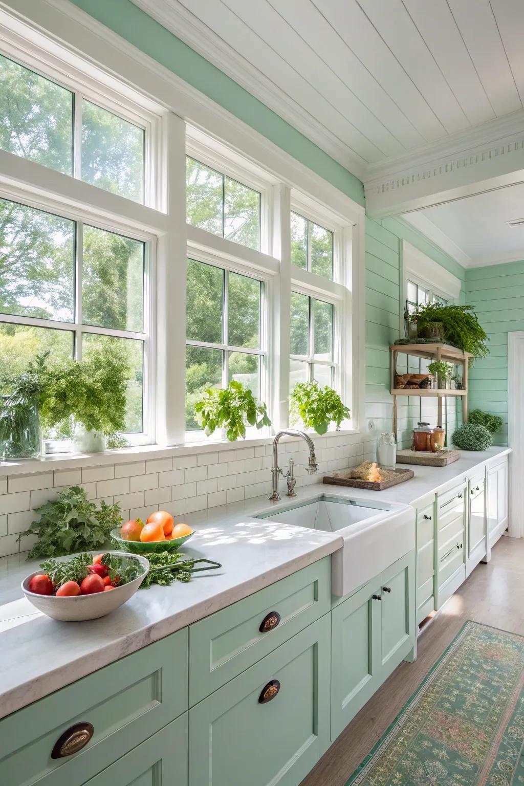 Mint green walls create a refreshing and open kitchen atmosphere.