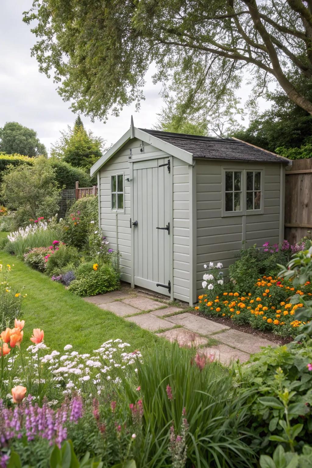 A neutral grey shed serving as a canvas for garden beauty.