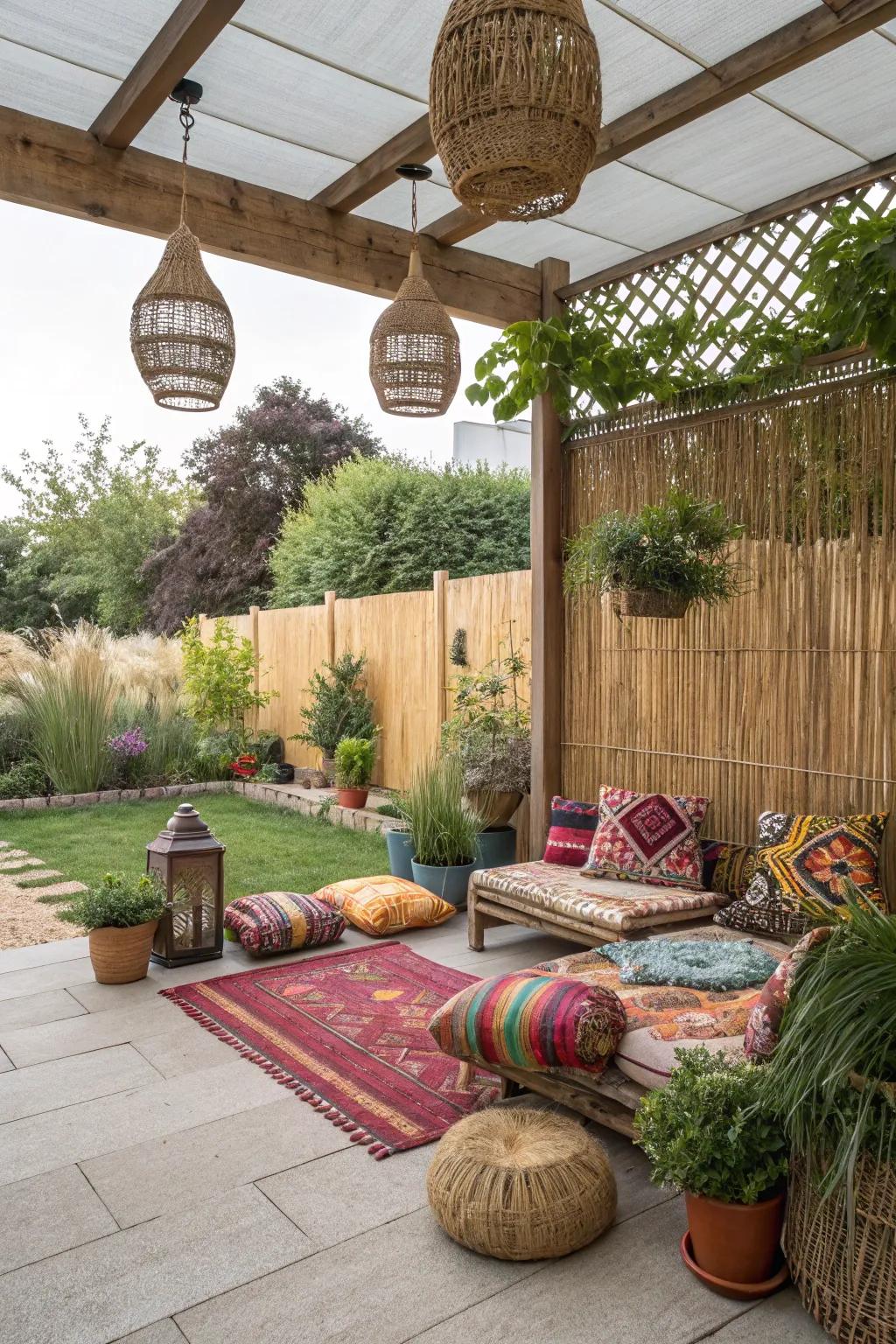 Reed fencing adds a rustic charm and privacy to patios.