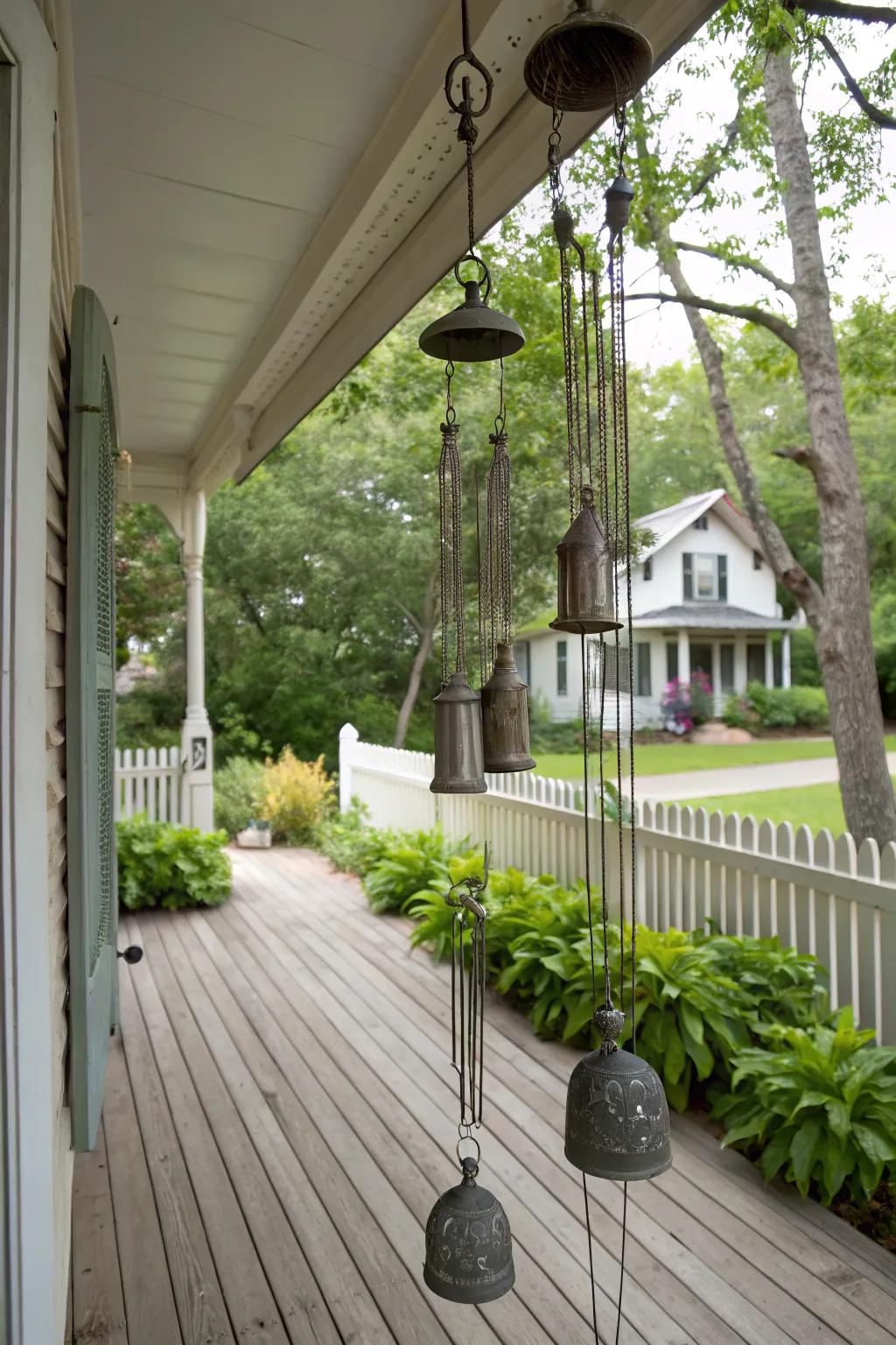 Pewter wind chimes add a melodic touch to your outdoor space.