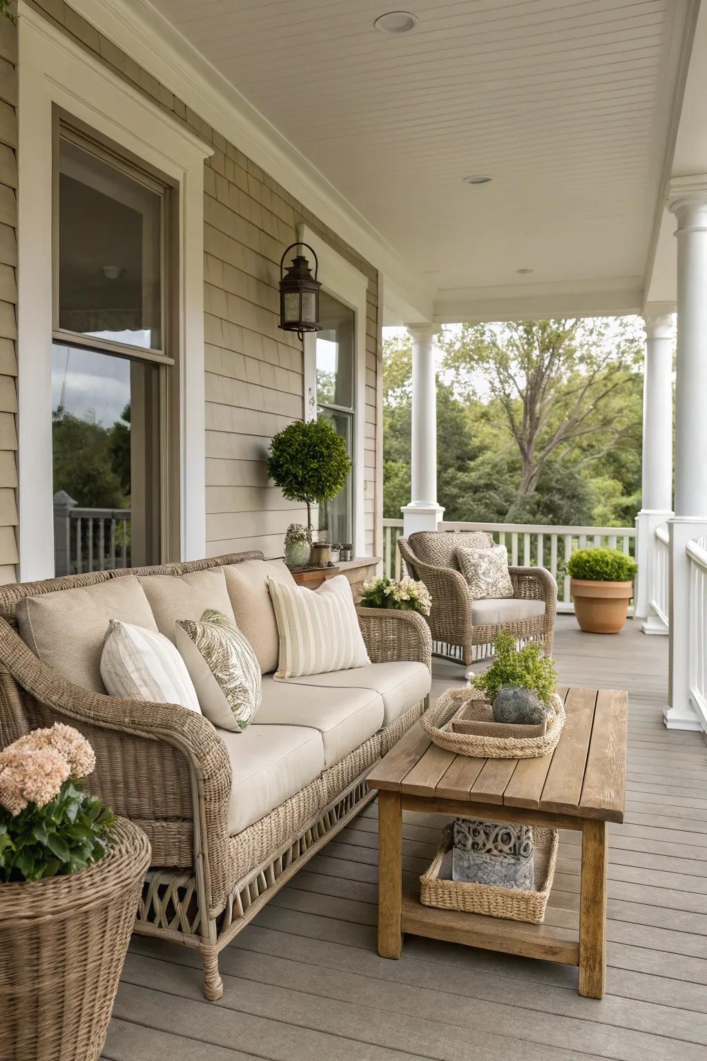 Elegant taupe provides a sophisticated backdrop for this timeless porch.