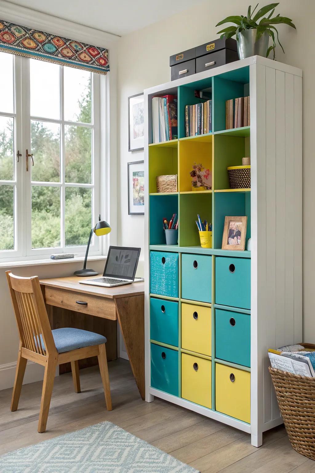 Add retro charm to your office with a colorful PVC cubby cabinet.