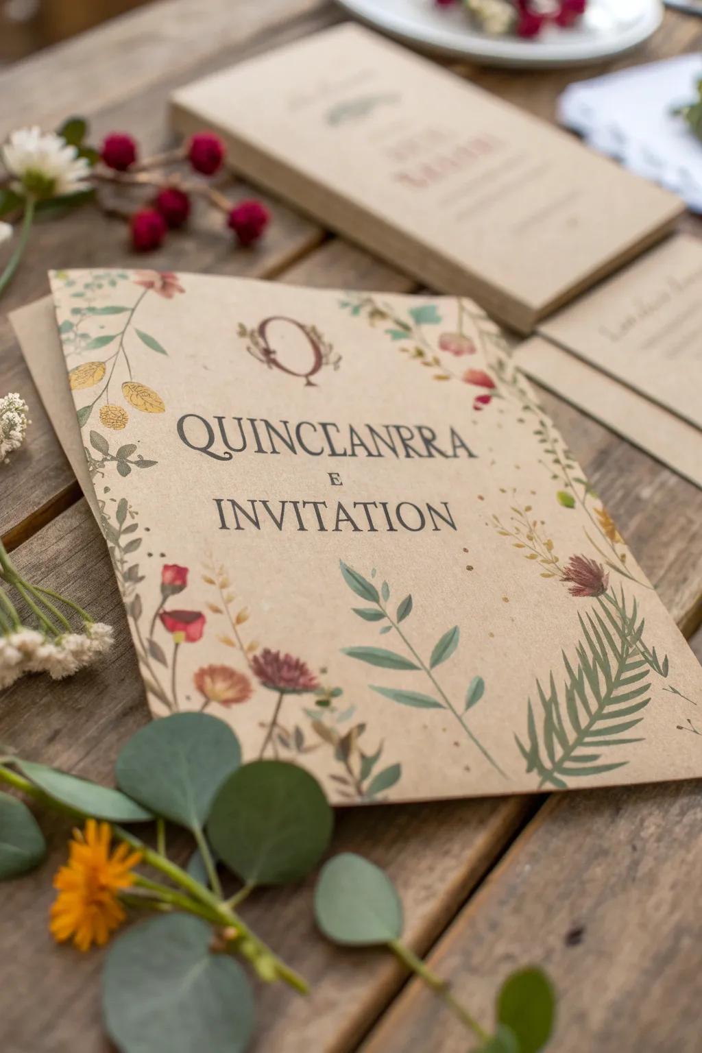 An eco-friendly quinceañera invitation crafted from sustainable materials