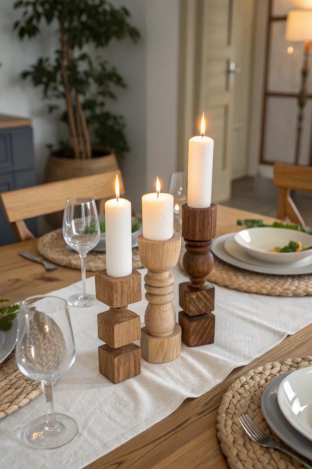 Add warmth and elegance to your home with wooden candle holders.