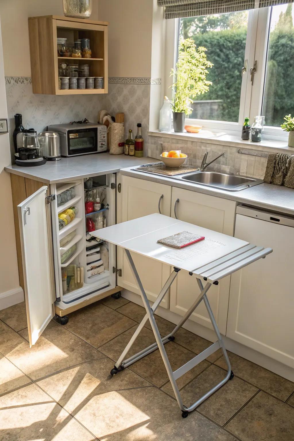 A folding table in a small kitchen offers flexible dining and prep space.