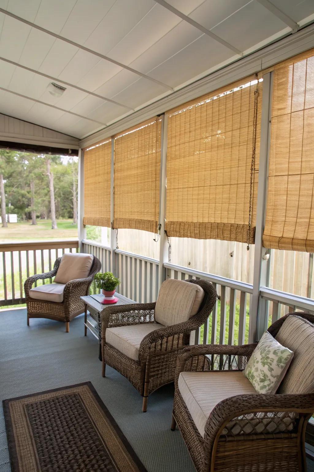 Bamboo shades offer privacy and a touch of natural elegance to your porch.