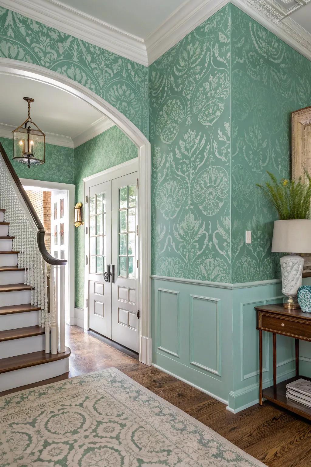 Textured wallpaper enhancing seafoam green walls with depth and interest.