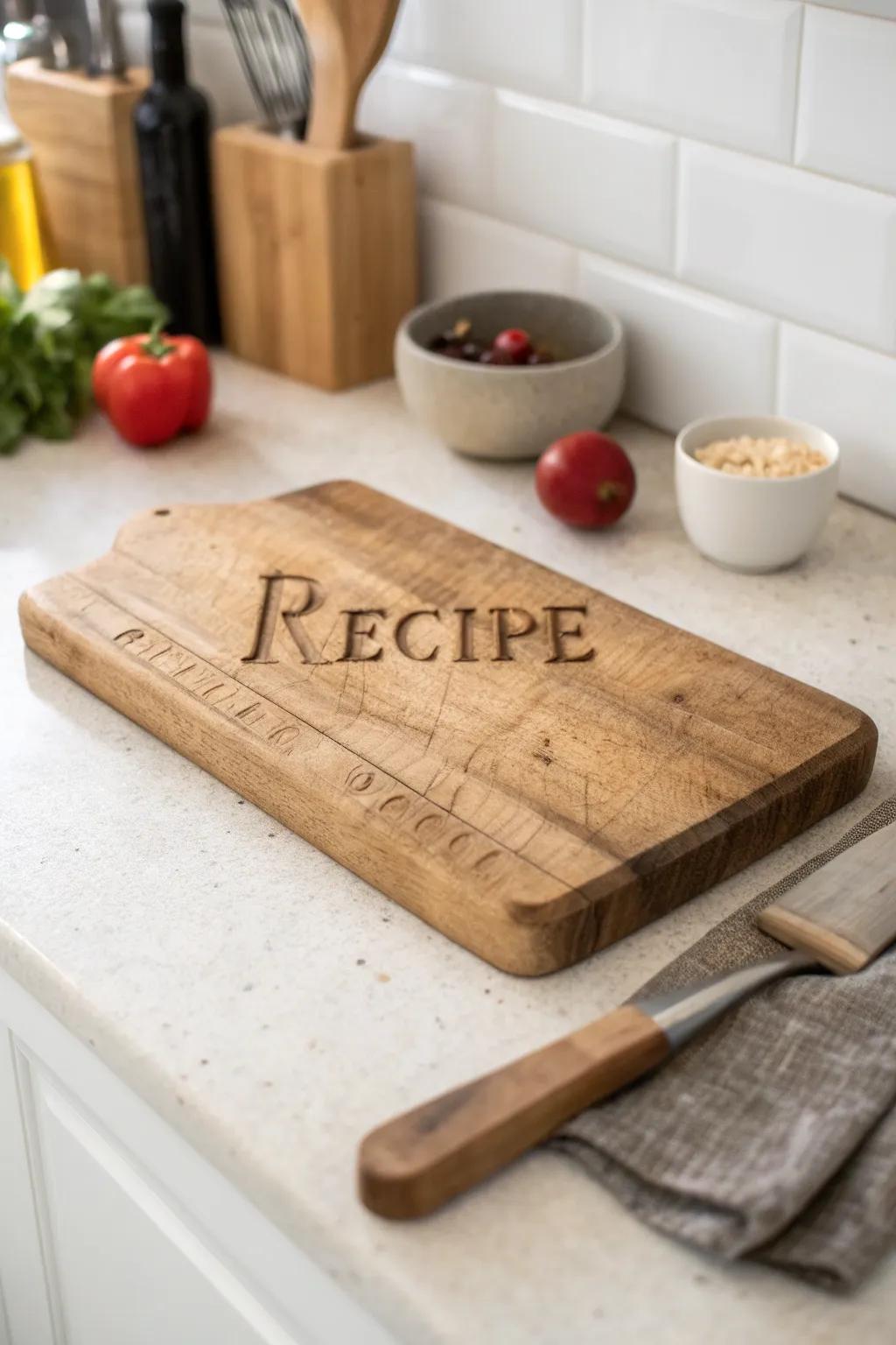 An engraved cutting board featuring a special family recipe.