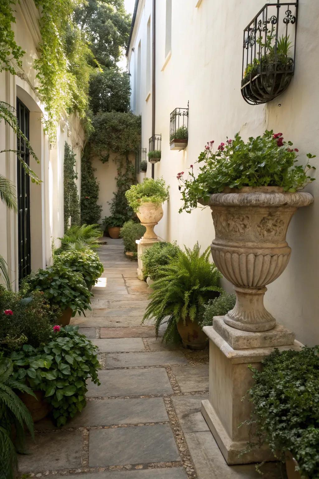 A small courtyard with elegant vintage urns used as planters.