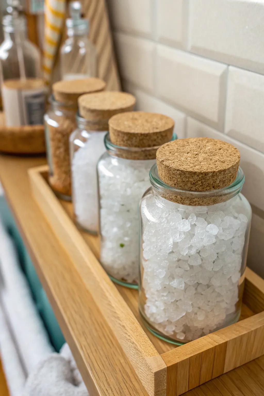 Cork-lidded jars add a natural touch and are effective for storing Epsom salt